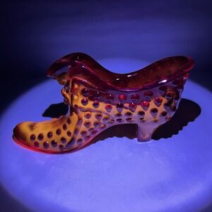 Vintage Fenton Amberina Cat Head Hobnail Slipper Glass Shoe Cadmium UV Glow